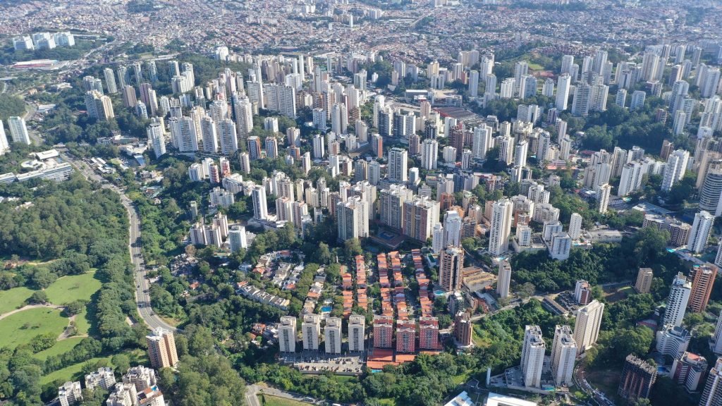 modern residential skyscrapers among lush greenery